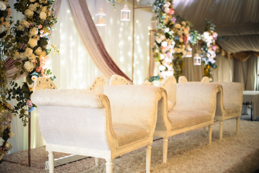 Elegant outdoor luxury wedding ceremony decor near the coast